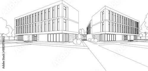 Architectural Line Drawing of Two Modern Office Buildings with Pedestrian Path