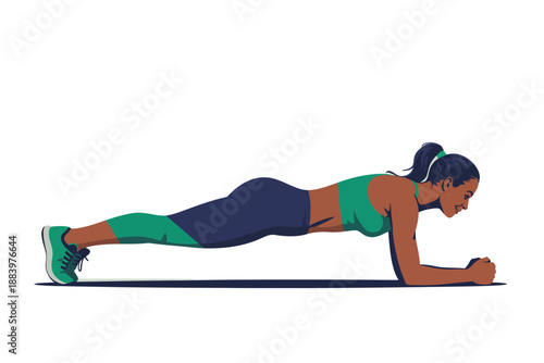 A woman in athletic wear performing a plank exercise on the floor
