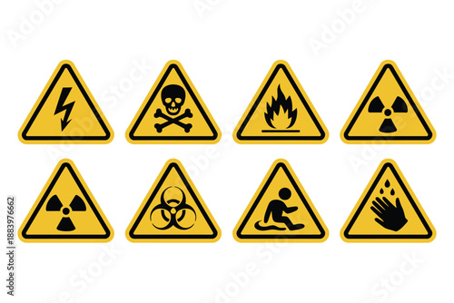 A collection of warning signs for hazardous materials and conditions