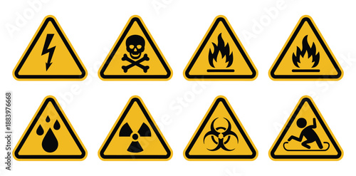 A collection of warning signs for hazardous materials and conditions