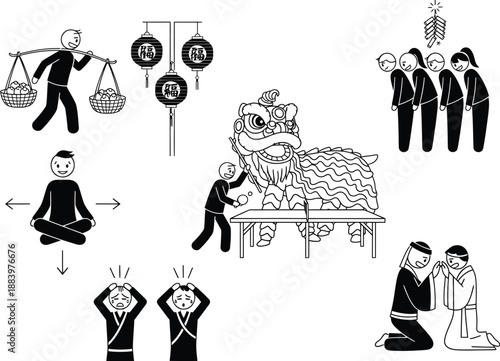 Illustration of Diverse Chinese Cultural Elements and Characters in Minimalist Icon Style