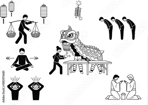 Set of Pictograms Depicting Traditional Chinese Culture, Sports and Activities