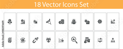 Set of business and finance icons. Including Growth, Earnings, Education, Teamwork, Analysis, 
risk assessment, profit, income and more. solid vector icons