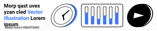 Clock symbolizing time, bar graph showing progress levels, and play button for action. Ideal for productivity, workflow, time tracking, user interfaces, business goals, performance metrics simple