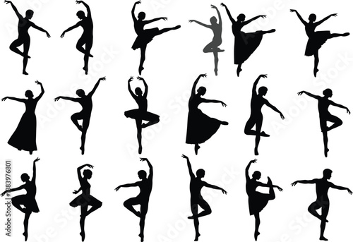 Artistic Set of Ballet Dancer Silhouettes, Graceful Ballerinas in Expressive Performance Poses and Rhythmic Movements, Professional Dance Silhouette Collection
