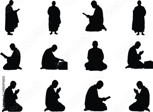 Collection of Buddhist Monk Silhouettes in Various Poses, Standing and Kneeling Priests in Prayer and Meditation, Religious Spiritual Devotion and Zen Concept