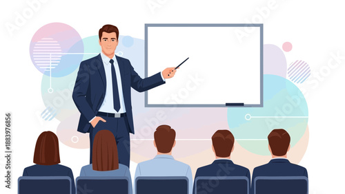 Businessman presenting on whiteboard to audience in modern office