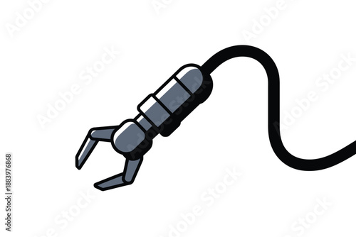 A robotic arm with a cord against a white background