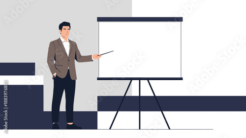 Businessman Presenting with Pointer at Blank Flip Chart, Corporate Meeting