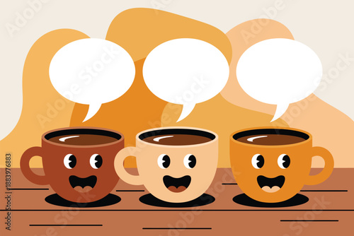 Three cartoon coffee cups with smiling faces and speech bubbles on a table