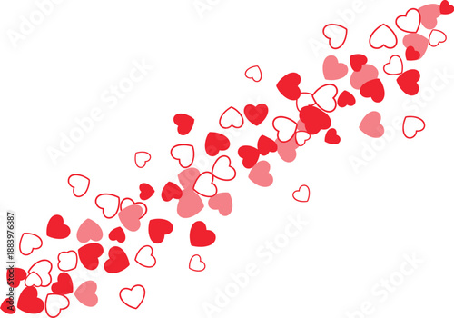 Romantic Diagonal Flow of Red and Pink Hearts on White Background, Elegant Valentine's Day Graphic Elements for Love and Wedding Celebration Designs