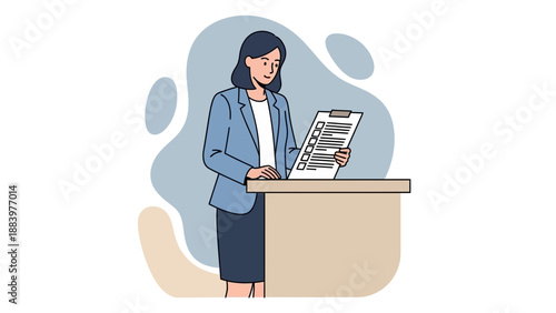 Businesswoman checking checklist on clipboard at desk