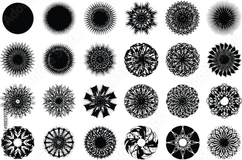 Set of Intricate Circular Geometric Patterns and Sunburst Mandalas, Decorative Radial Star Silhouettes for Graphic Design and Spiritual Art Projects