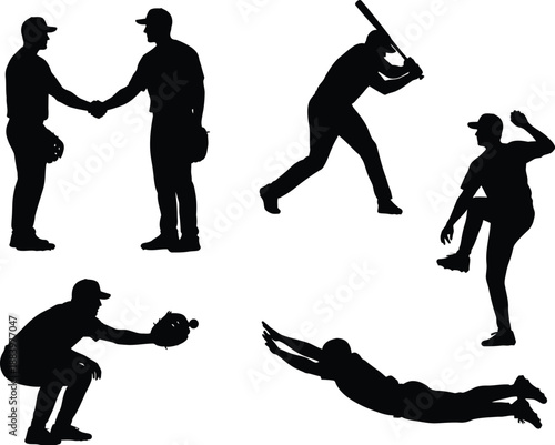 Dynamic Silhouettes of Baseball Players in Action, Pitcher Batter and Sliding Athletes Representing Sports Competition and Teamwork on a Warm Background