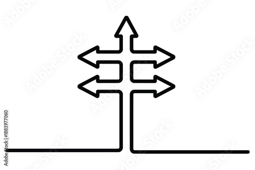 A black and white illustration of a directional sign with multiple arrows