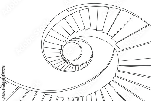 A spiral staircase drawn in black lines on a white background
