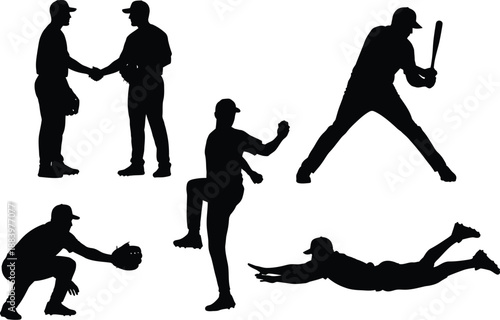 Professional Baseball Player Silhouette Set, High-Action Poses of Athletes Pitching Hitting and Sliding for Sports Branding and Editorial Graphic Design