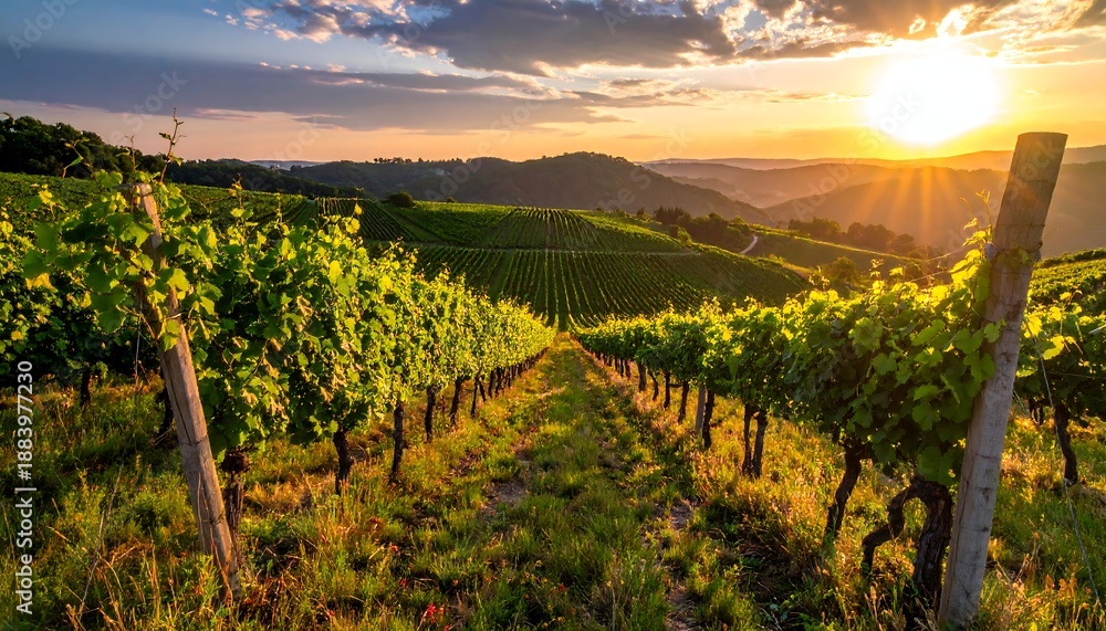 Fototapeta premium A sunlit vineyard stretches across rolling hills at sunset, rows of vines illuminated by golden rays