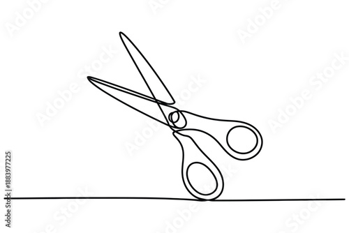 A minimalist line drawing of a pair of scissors cutting through air
