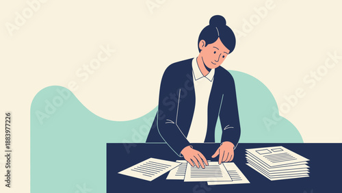 Businesswoman reviewing documents at office desk, paperwork and organization concept