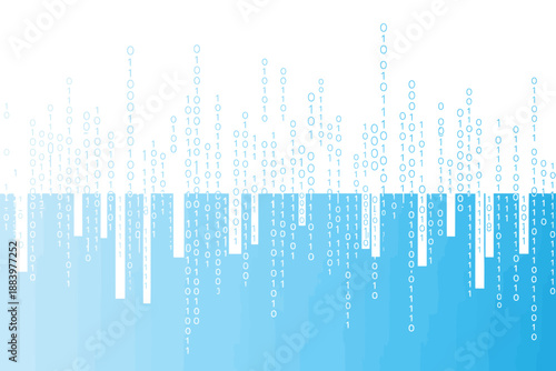A futuristic digital illustration of binary code in shades of blue and white