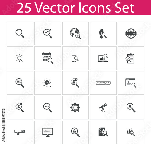 Data analysis solid icons set. Including search, magnifying glass, analysis, research, strategy 
and more, vector solid icons