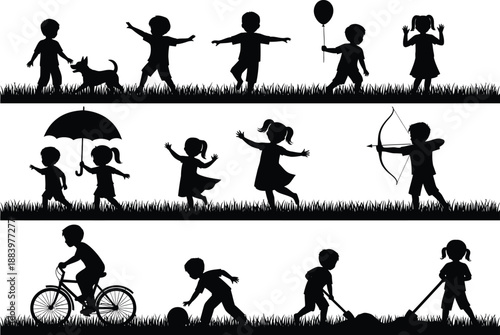 Vector illustration of black silhouettes depicting diverse children playing outdoors, riding a bicycle, practicing archery, and gardening on grass against a white background.