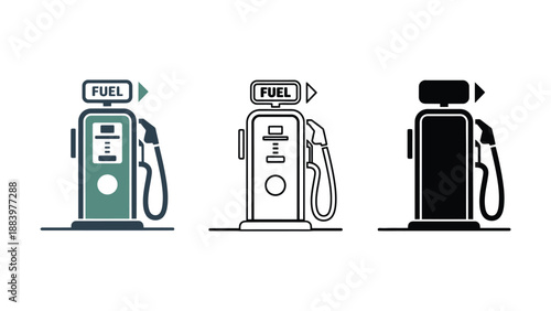 Three different colored fuel pump icons on a white background