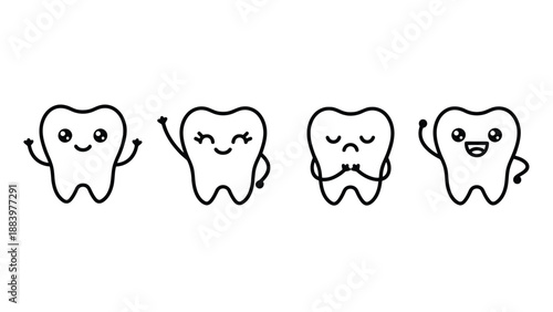 A group of cute cartoon teeth with different facial expressions