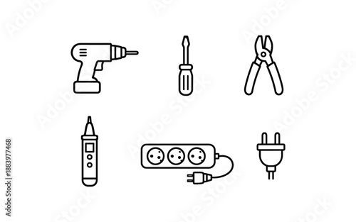Collection of electrical tools and accessories icons for DIY and home improvement projects