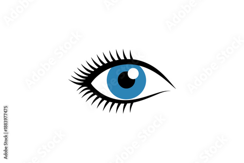 A stylized illustration of a bright blue eye with prominent eyelashes