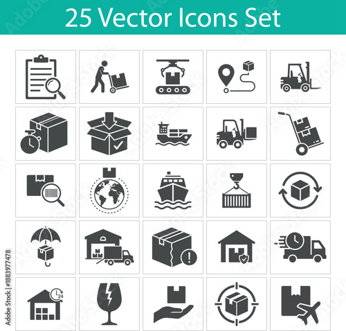 Logistics delivery solid icons set. Including shipping, transportation, package, cargo, supply chain, 
warehouse and more. solid vector icons