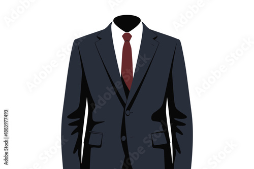 A navy blue business suit with a red tie on a white background
