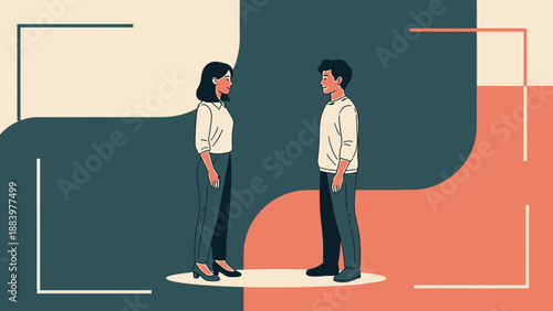 Diverse couple in conversation, modern abstract background, communication concept