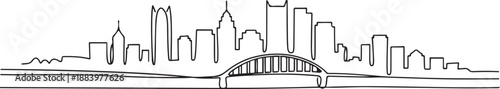 Single continuous line drawing of Pittsburgh city skyline, Pennsylvania. Famous city landscape. World travel concept home wall decor print poster art. one line Icon drawing
