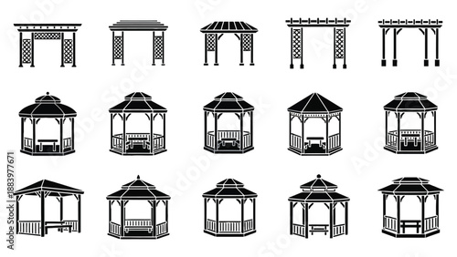 A collection of various gazebo designs and structures in black and white