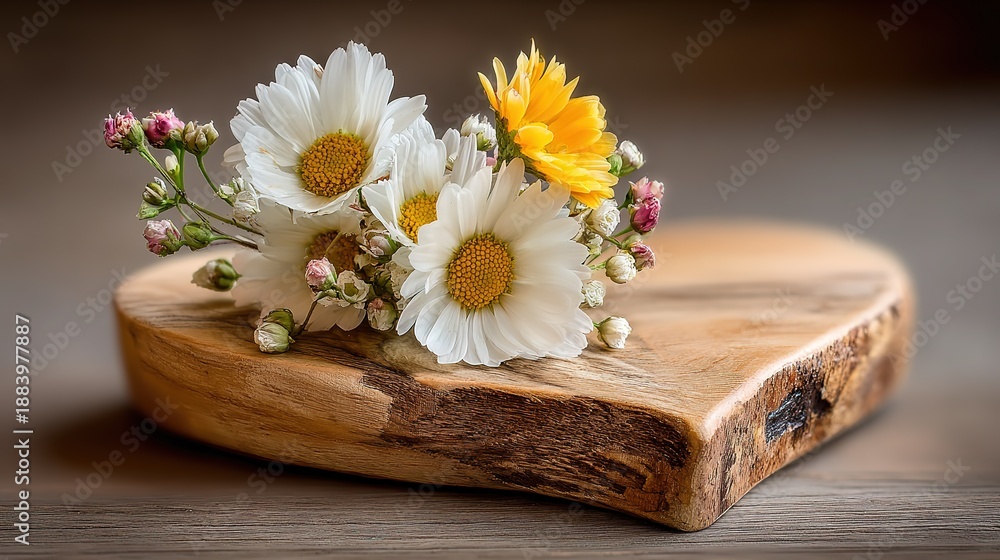 Fototapeta premium Creative graphic asset: stump daisy heart hi-contrast white-green + wood tone, ample negative space razor-sharp easy clip, ideal for “Love Natural” poster or eco-NGO cover