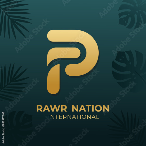 Modern 'Rawr Nation International' logo with a stylized golden roaring tiger head and tropical leaf accents on a dark teal background.