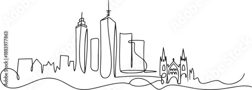 One continuous line drawing of Melbourne city skyline, Australia. Beautiful landmark. World landscape tourism and travel vacation. one line Icon drawing