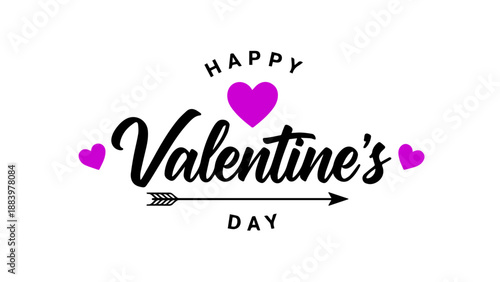 Happy Valentine's Day typography with a stylized arrow and pink hearts, celebrating love and romance on a clean white background.