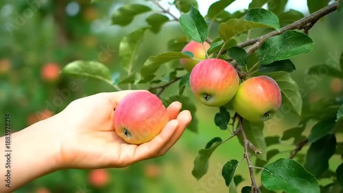 Hand Picking Fresh Apples in a Lush Orchard - Nature's Bounty - Outdoor Scene - Close-Up View - Harvest Concept