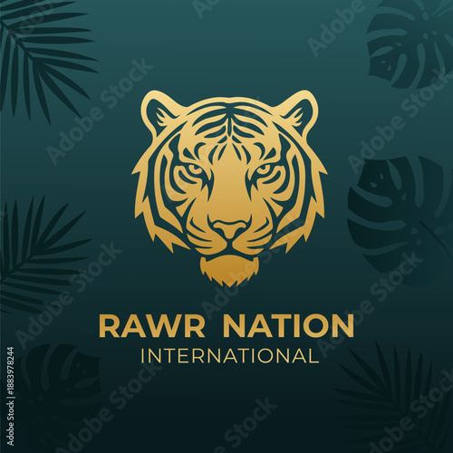 Luxurious 'Rawr Nation International' logo featuring a majestic golden tiger head emblem and tropical foliage on a dark teal background.