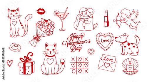 Whimsical hand-drawn Valentine's Day illustrations in red, featuring cats, dogs, cupid, kissing couple, gifts, and romantic symbols.