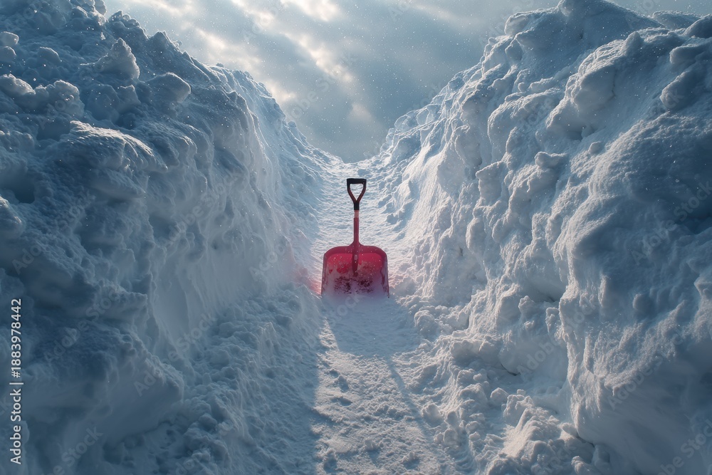 Fototapeta premium Red snow shovel standing in a trench of deep snow between towering snow walls