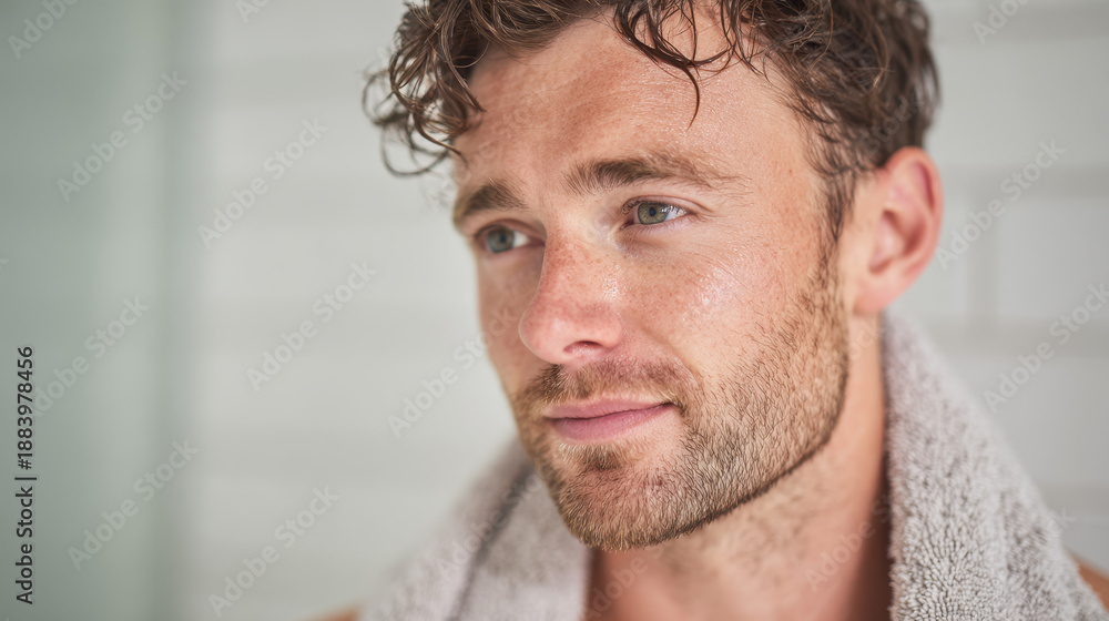 Fototapeta premium Contemplative Glance: A close-up of a handsome man with soft curly hair and a subtle beard. The serene atmosphere is emphasized by the soft focus. 