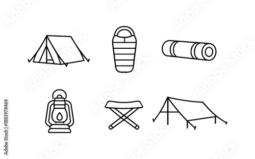Collection of camping gear icons including tents, sleeping bag, lantern, and mat