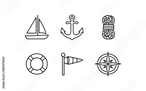 Nautical icons set: sailboat, anchor, rope, lifebuoy, windsock, and compass rose