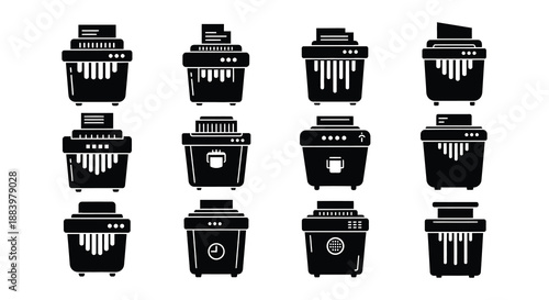 Collection of black and white paper shredder icons in various designs