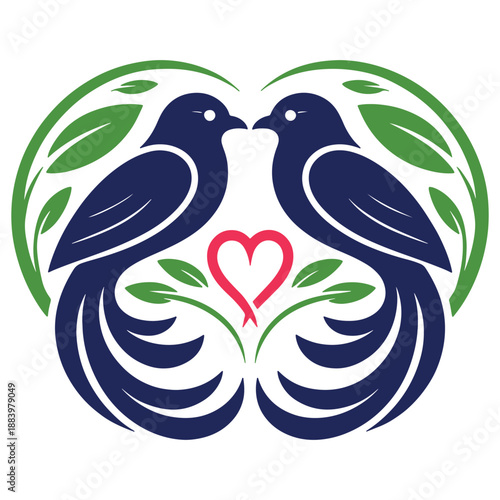Love birds with heart and leaves