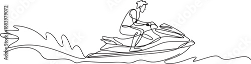 Single continuous line drawing of young sporty tourist man fun playing jet ski in the sea. Extreme dangerous sea sport concept. one line Icon drawing